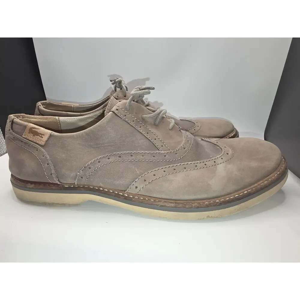 Lacoste Mens Size US 9 Suede Oxford Dress Shoes Beige Tan Wingtip Casual Lace Up